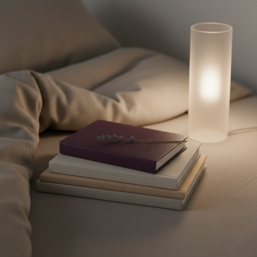 A minimalist bedside scene shows a closed leather-bound journal in deep plum, placed atop neatly stacked books with linen-textured covers in warm neutrals. A single sprig of dried lavender rests on the journal, its muted purple petals softly contrasting the leather. A slim, frosted glass lamp casts warm, diffused evening light, creating a cocoon-like atmosphere with velvety shadows across a linen duvet in soft taupe. Shot at eye level in photographic realism, the composition uses the rule of thirds, with the journal slightly off-center, inviting a sense of private ritual, nightly reflection, and slow, loving progress toward inner healing.