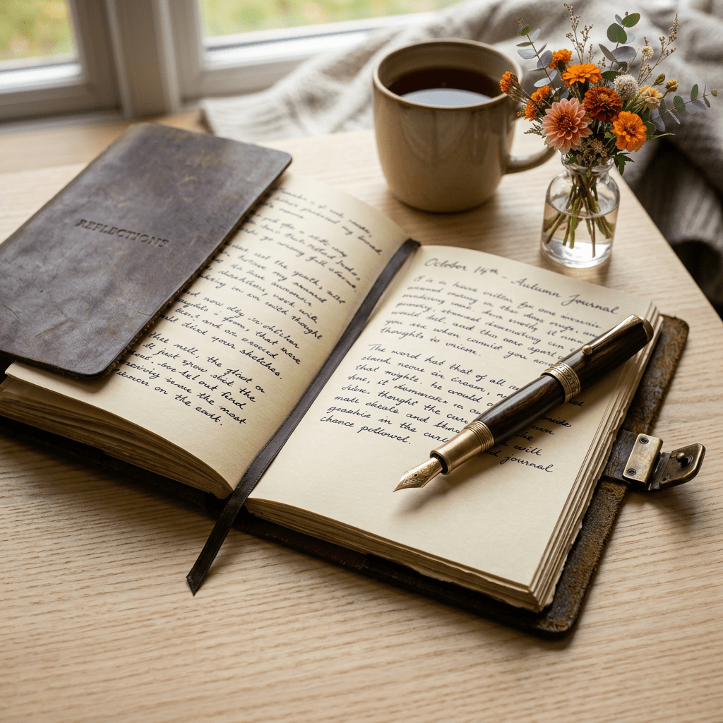 Open journal with handwritten entries, fountain pen, ink bottle, coffee cup, and leather notebook on wooden table
