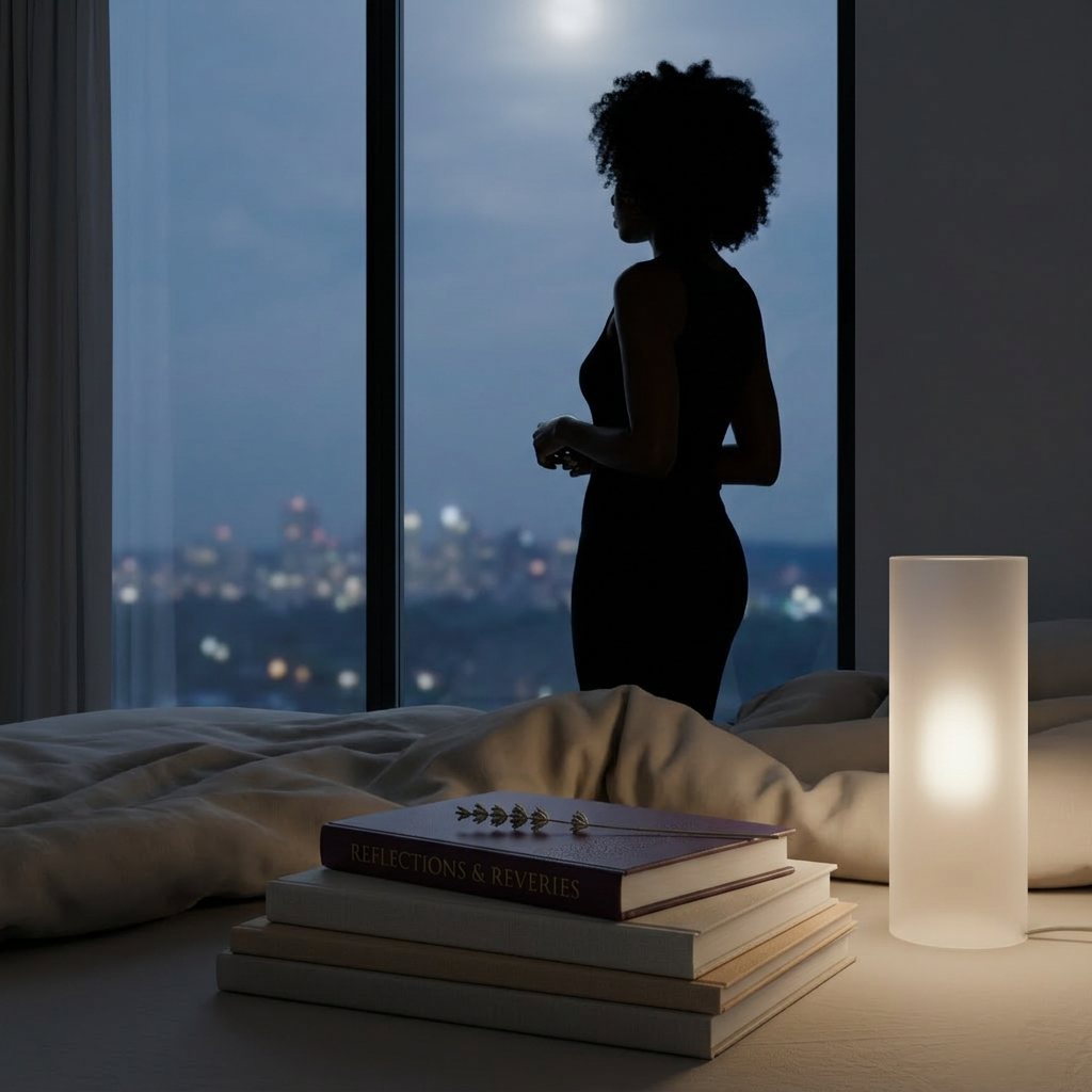 Silhouette of a woman standing by a bedroom window with city lights in the background