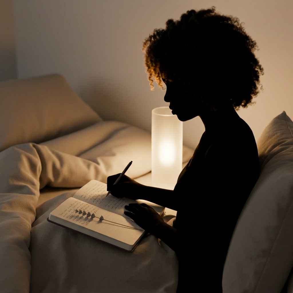A minimalist bedside scene shows a closed leather-bound journal in deep plum, placed atop neatly stacked books with linen-textured covers in warm neutrals. A single sprig of dried lavender rests on the journal, its muted purple petals softly contrasting the leather. A slim, frosted glass lamp casts warm, diffused evening light, creating a cocoon-like atmosphere with velvety shadows across a linen duvet in soft taupe. Shot at eye level in photographic realism, the composition uses the rule of thirds, with the journal slightly off-center, inviting a sense of private ritual, nightly reflection, and slow, loving progress toward inner healing.