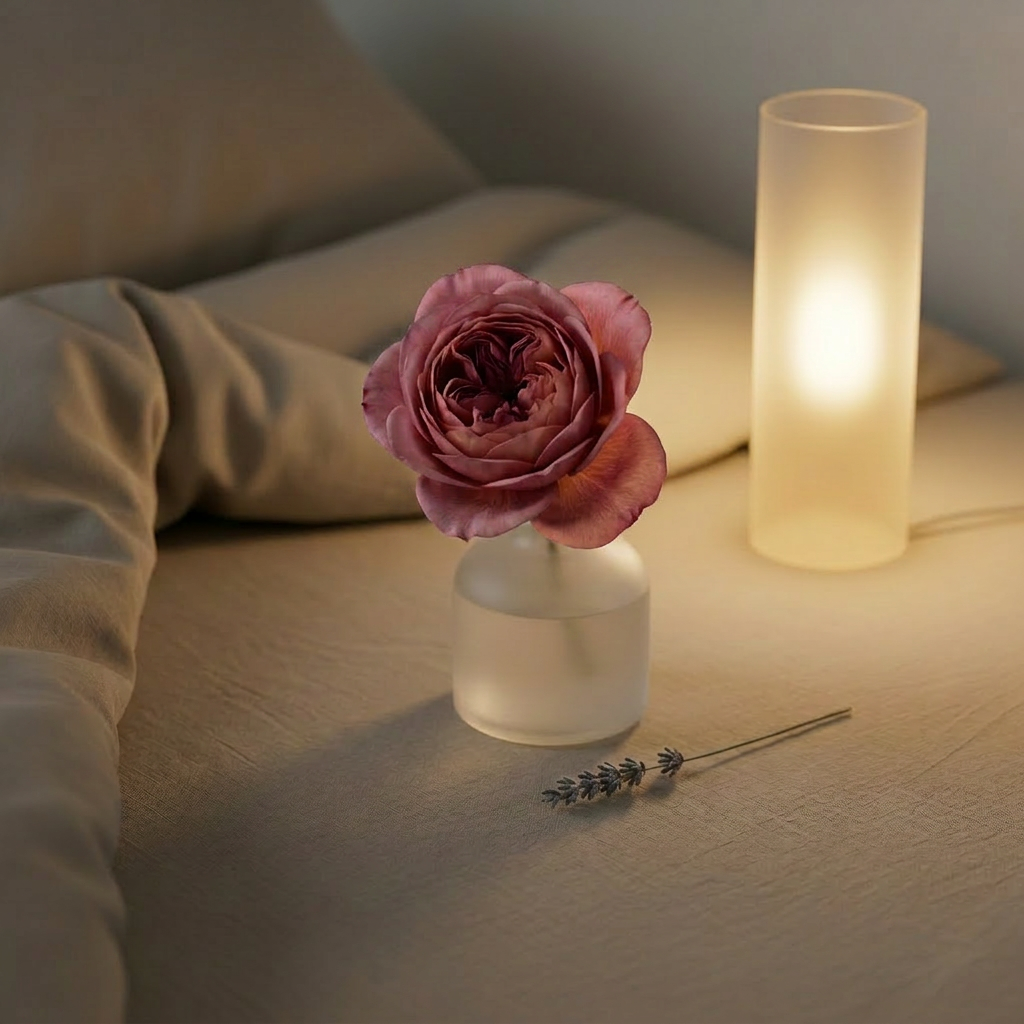 Single pink rose in frosted vase next to lit cylindrical lamp on bed