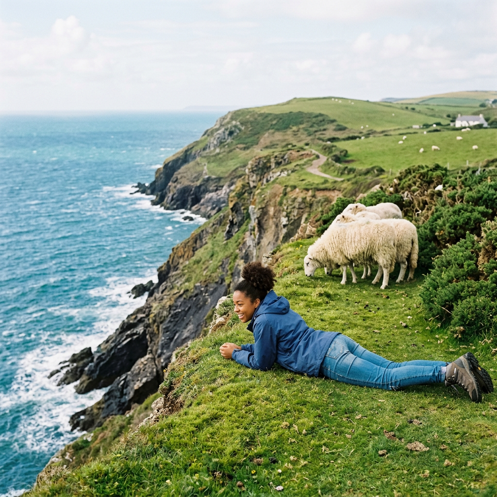 Hiker lying on grassy coastal cliff with grazing sheep and ocean